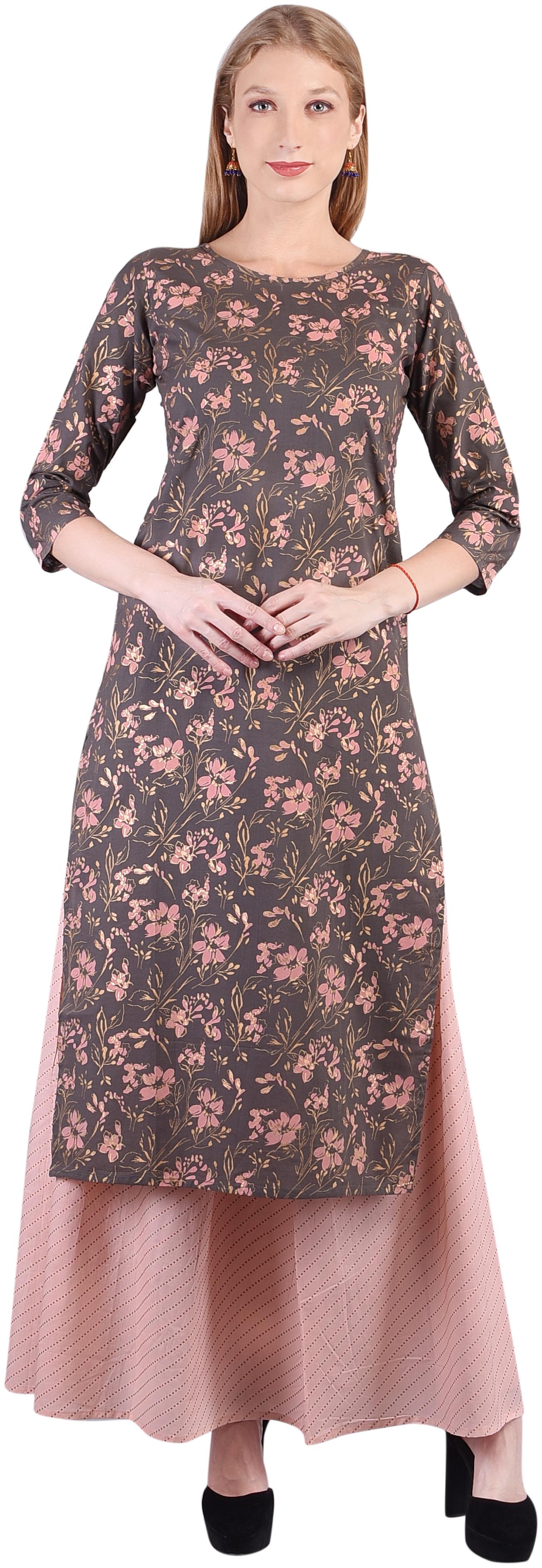 

SASSY CHIRAIYA Women Grey Floral Straight Kurti With Skirt