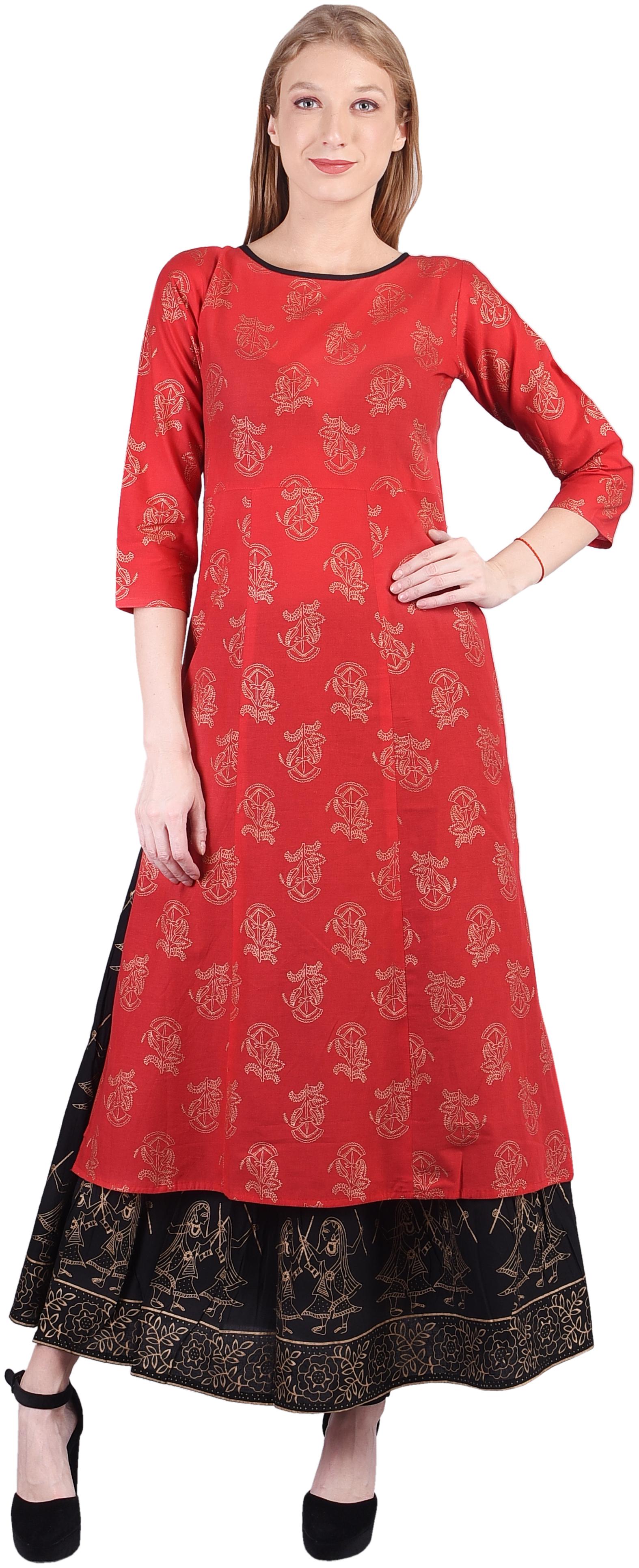 

SASSY CHIRAIYA Women Red Printed Straight Kurti With Skirt