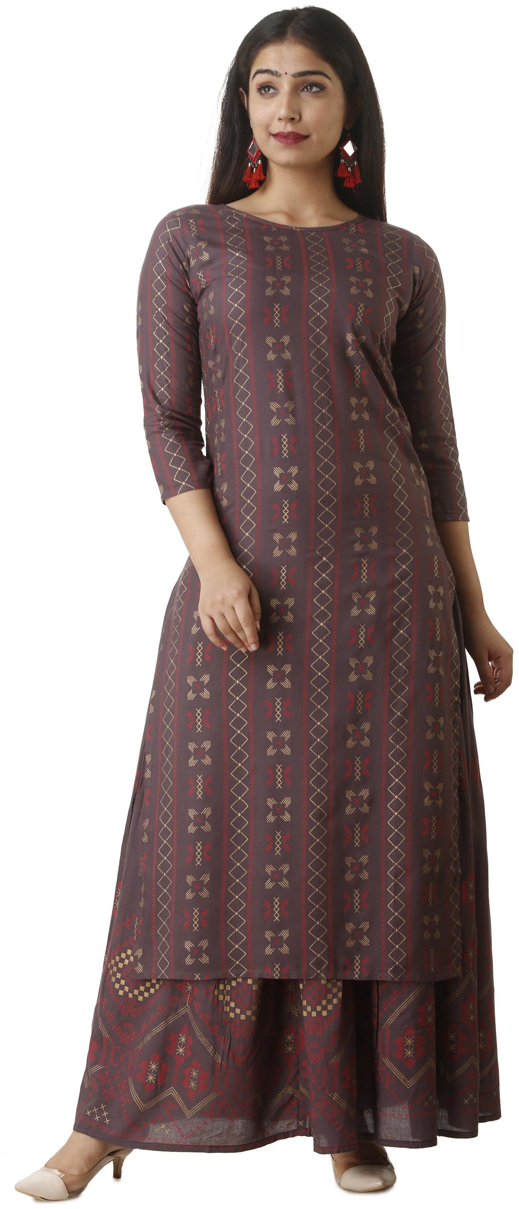 

SASSY CHIRAIYA Women Brown Printed Straight Kurti With Skirt