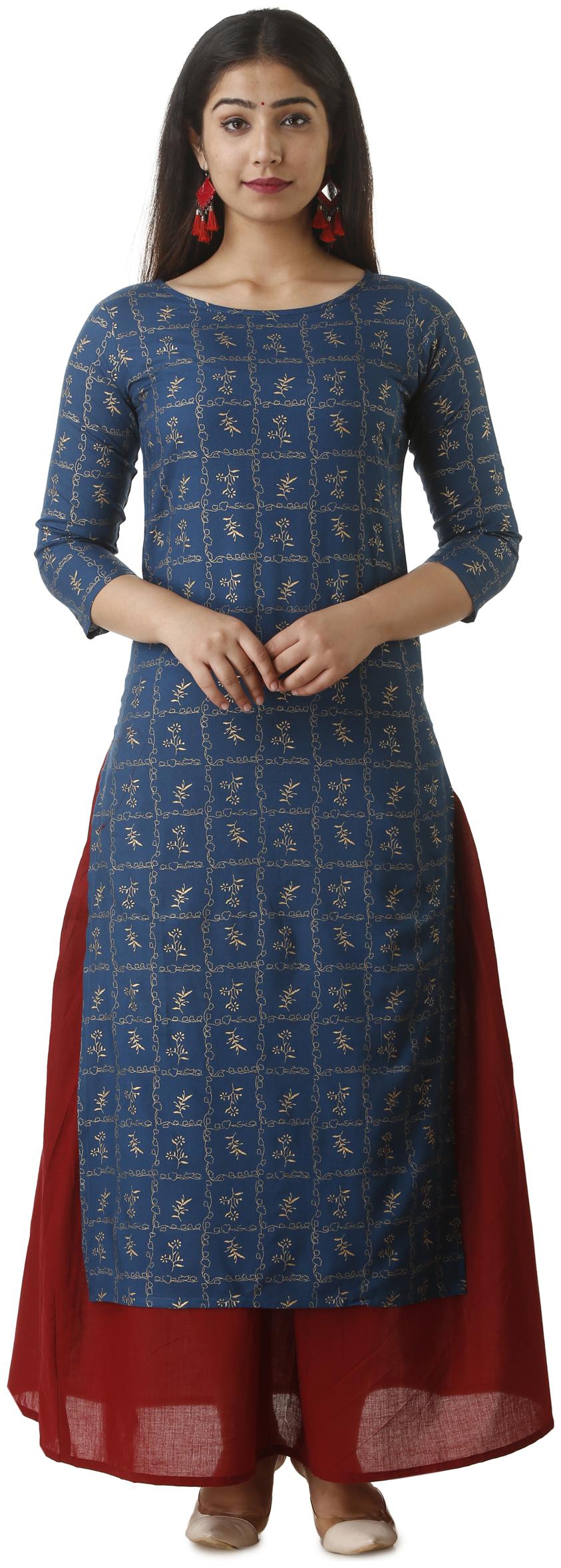 

SASSY CHIRAIYA Women Blue Printed Straight Kurti With Skirt