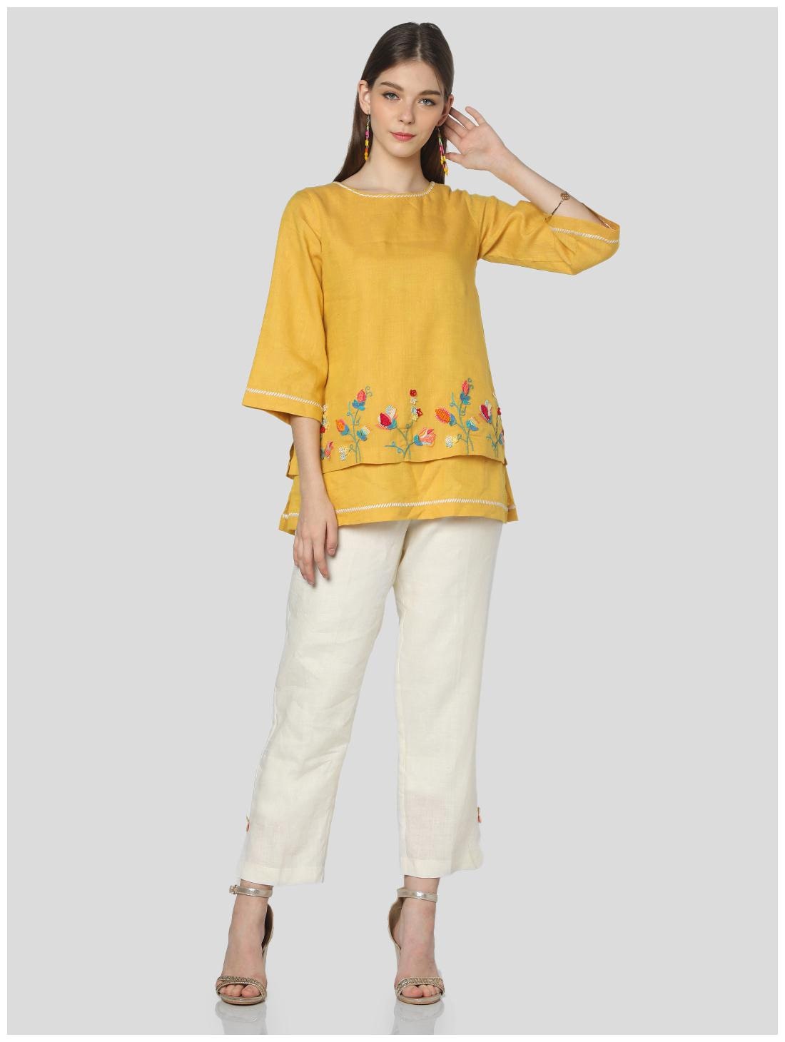 

Satya Fusion Women s Yellow Linen Embroidered Top