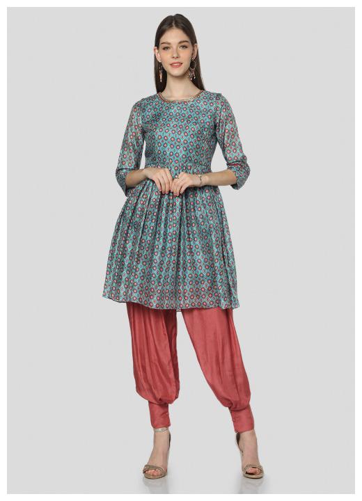 

Satya Fusion Women Turquoise Printed Regular Kurti