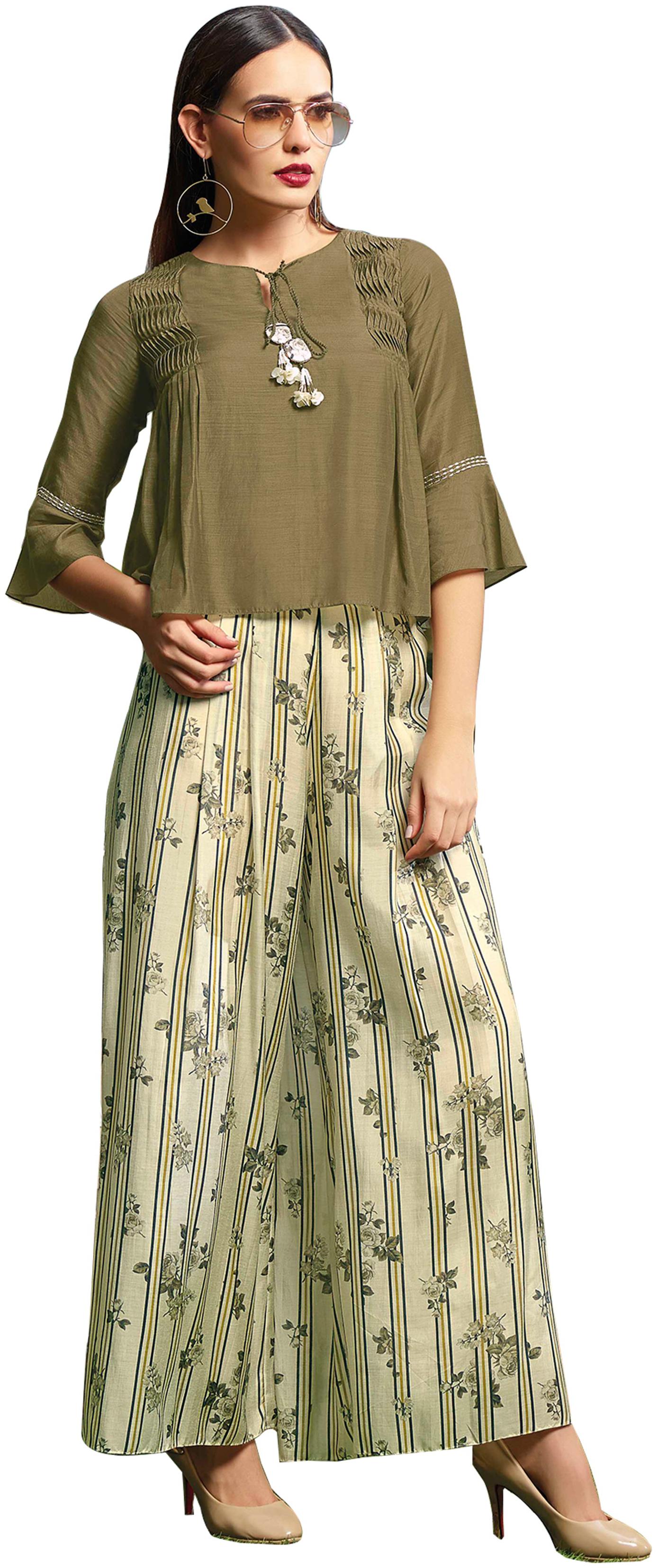 

Satya Fusion Cotton Blend Solid Green Top With Palazzo Women