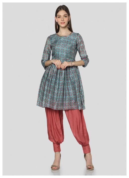 

Satya Fusion Women Turquoise Printed Regular Kurti