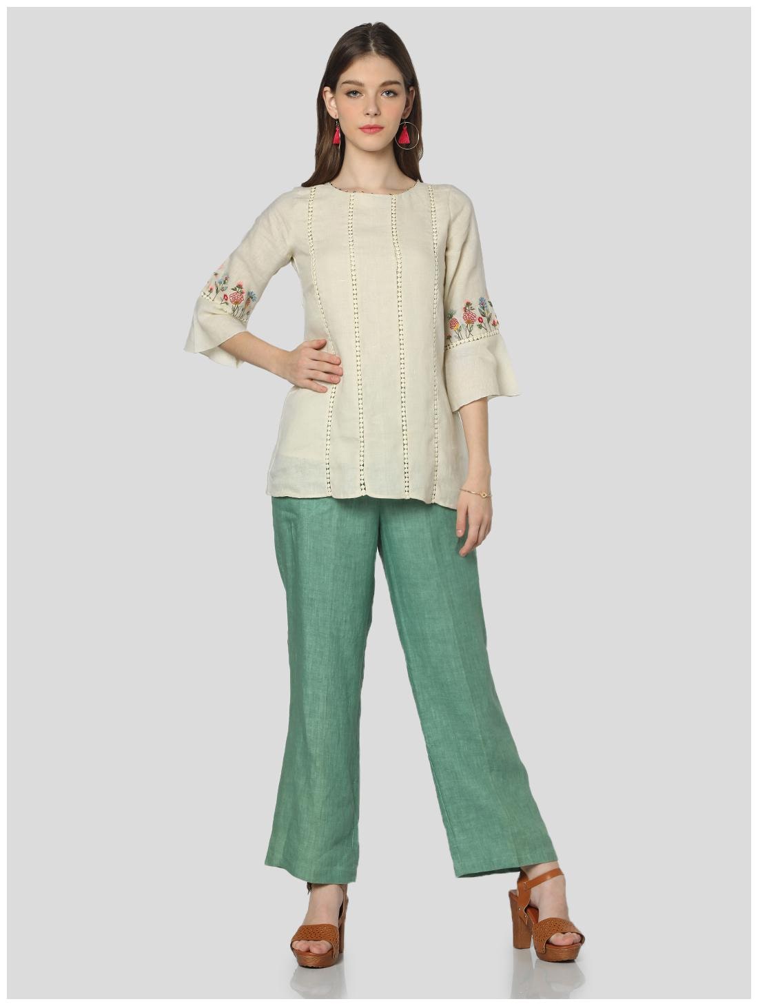 

Satya Fusion Women s Cream Linen Embroidered Top