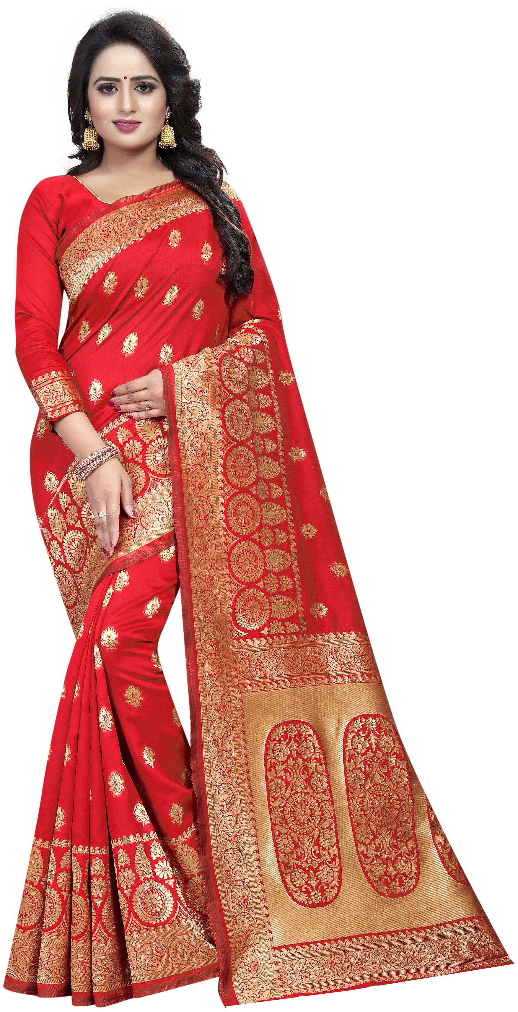 

Satyam Weaves Women Cotton Red Designer Saree With Blouse