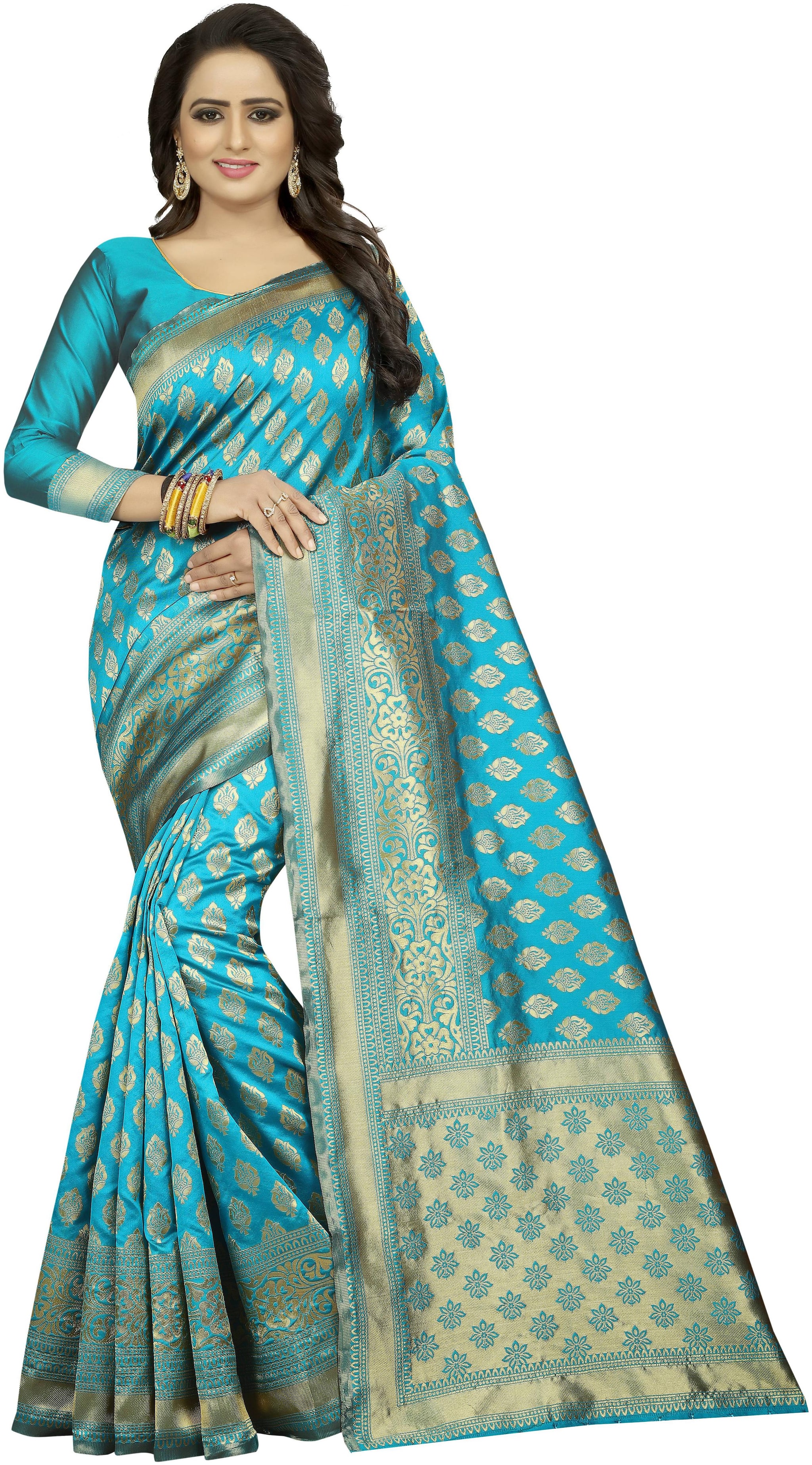

Satyam Weaves Women Cotton Turquoise Designer Saree With Blouse