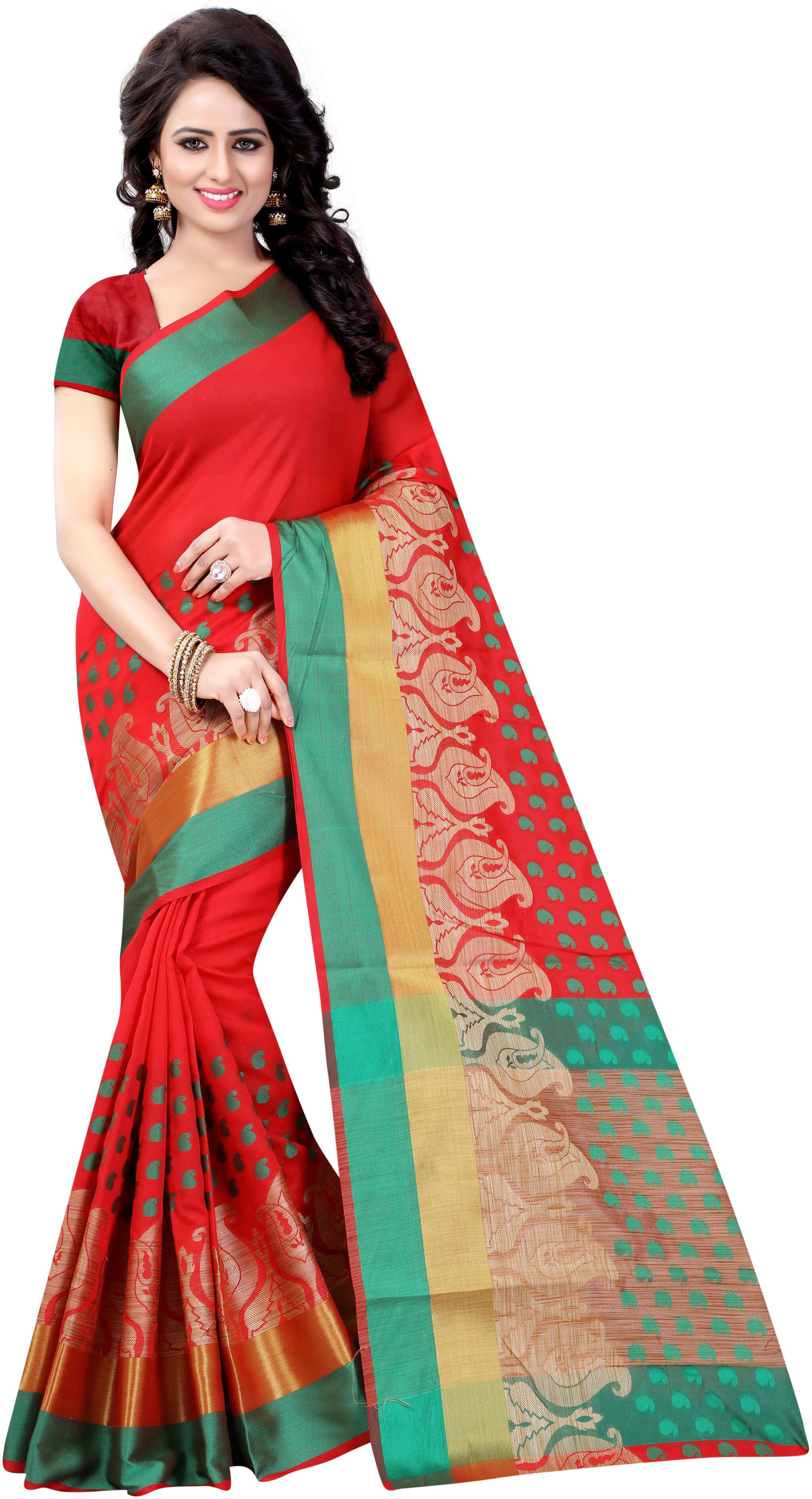 

Satyam Weaves Cotton Printed Red Designer Saree For Women