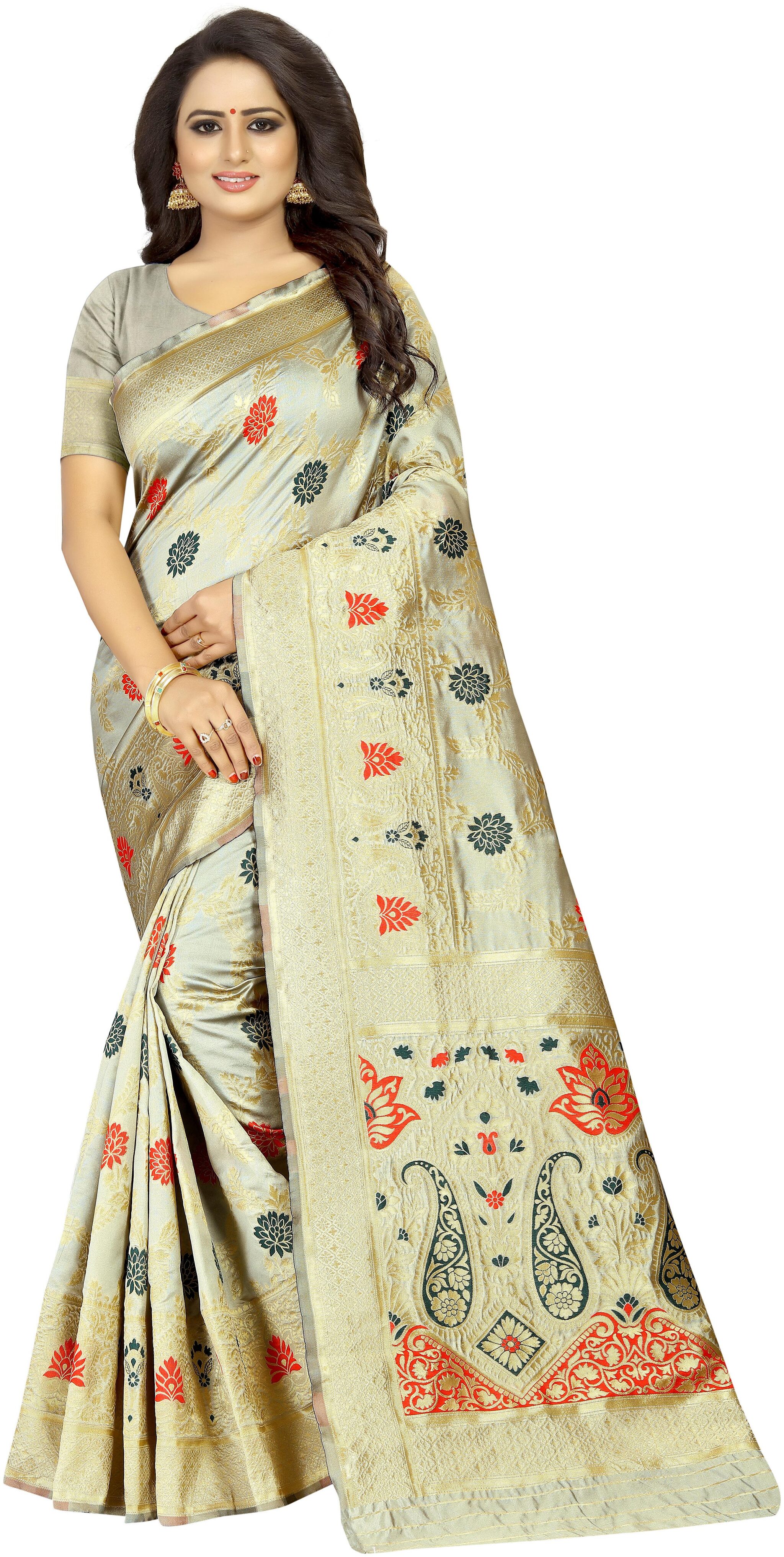 

Satyam Weaves Cotton Floral Beige Designer Saree For Women