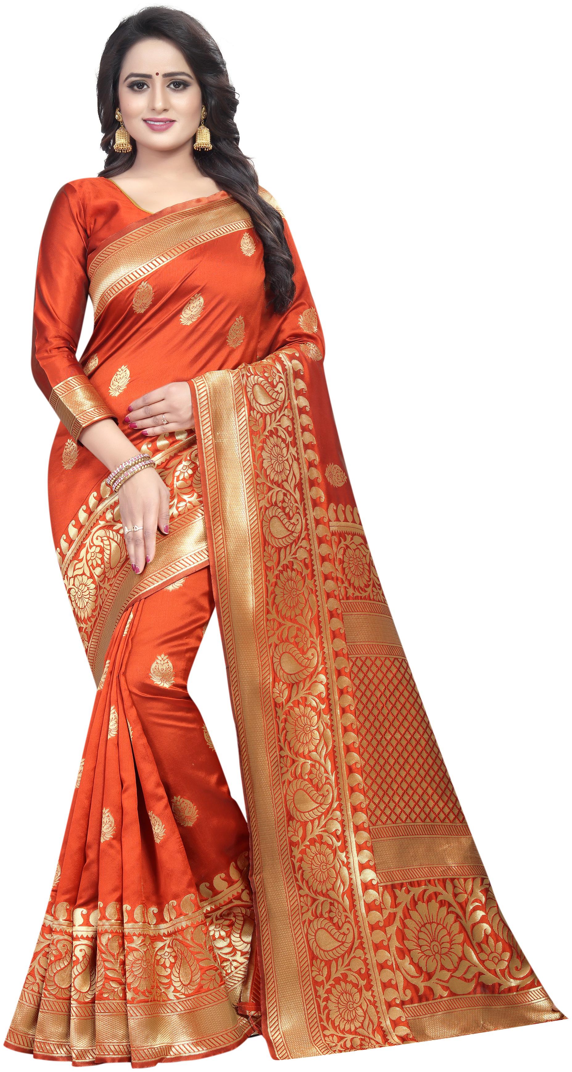 

Satyam Weaves Women Cotton Orange Designer Saree With Blouse