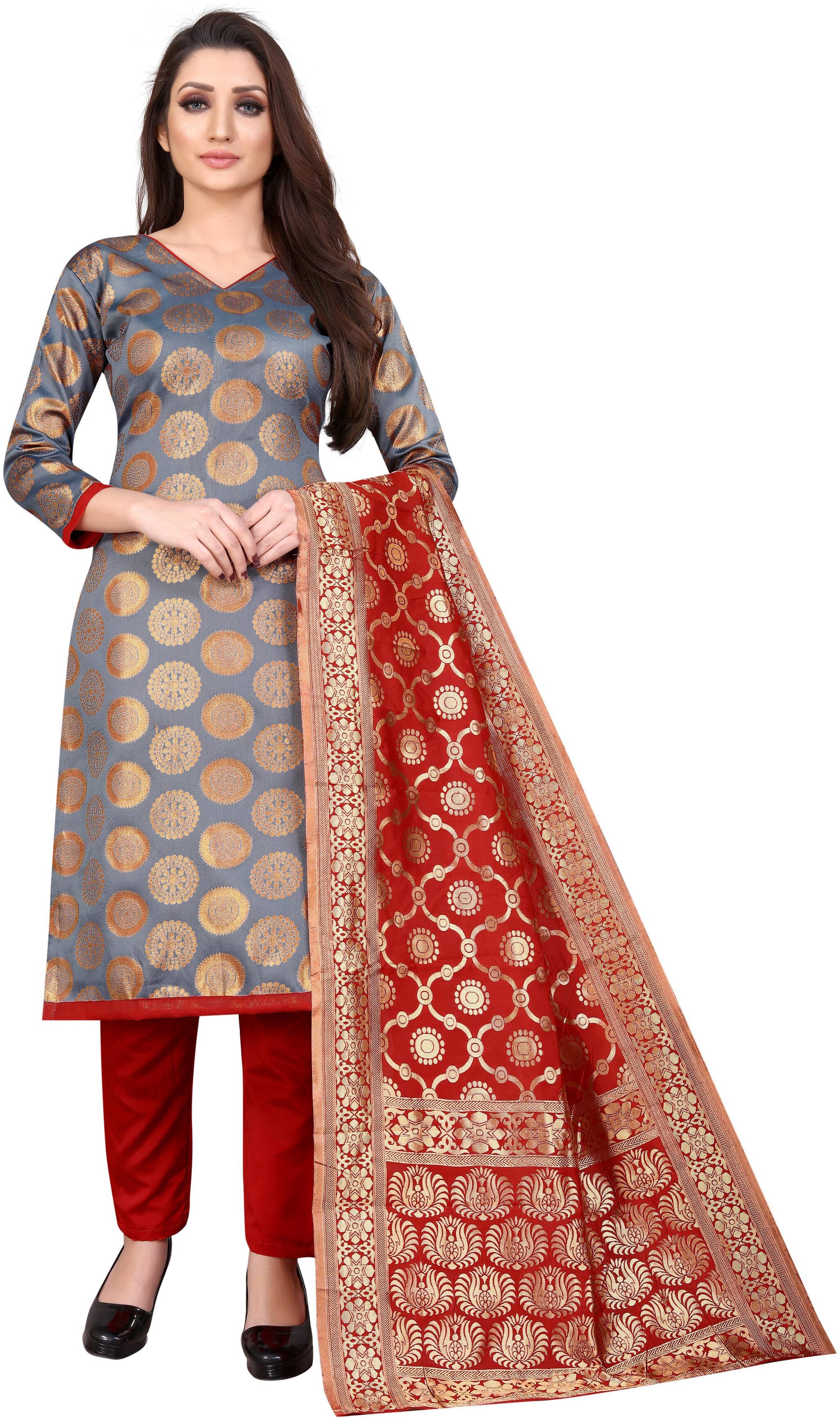 

Satyam Weaves Grey Unstitched Kurta with bottom dupatta With dupatta Dress Material