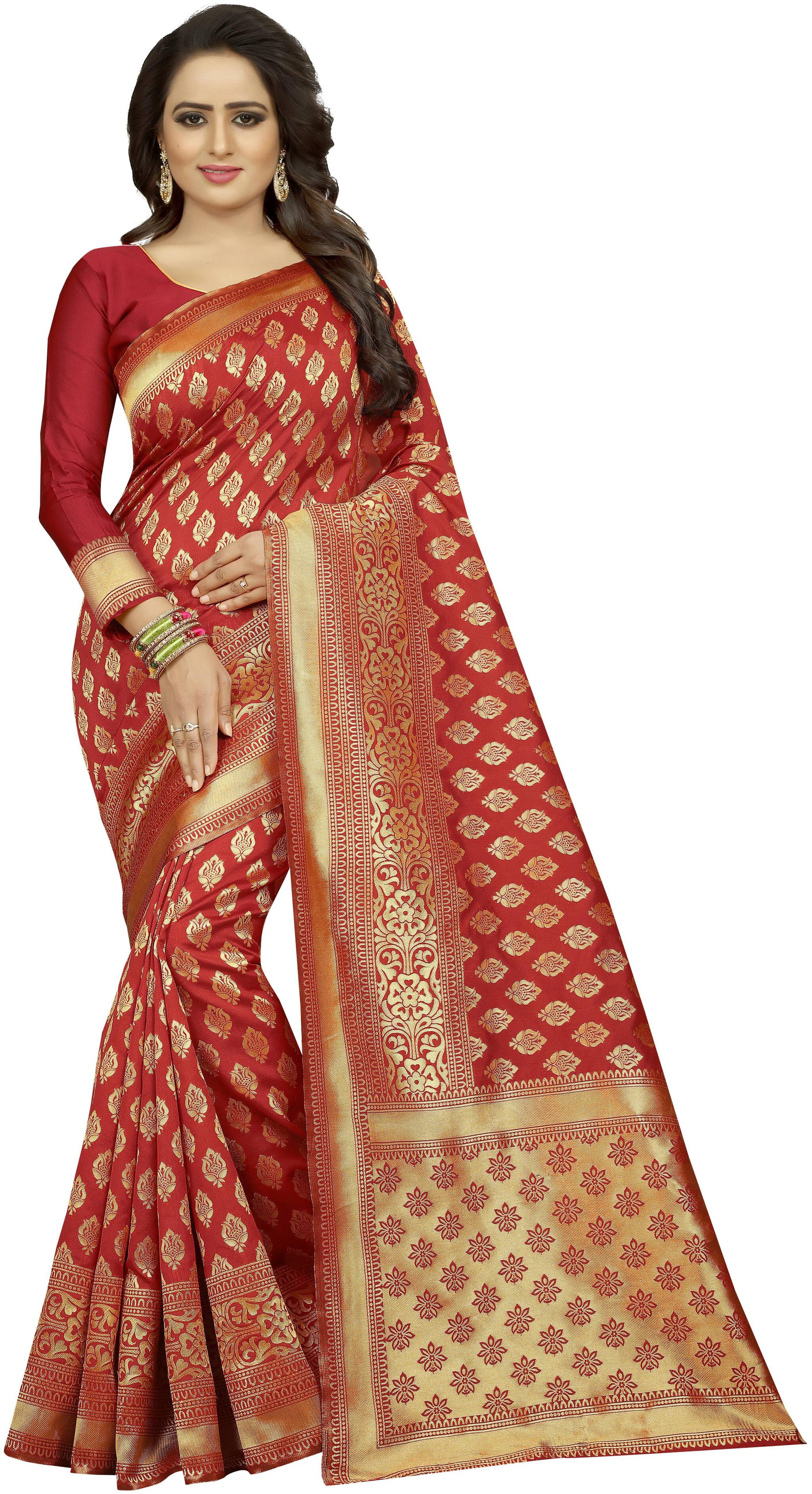 

Satyam Weaves Women Cotton Red Designer Saree With Blouse