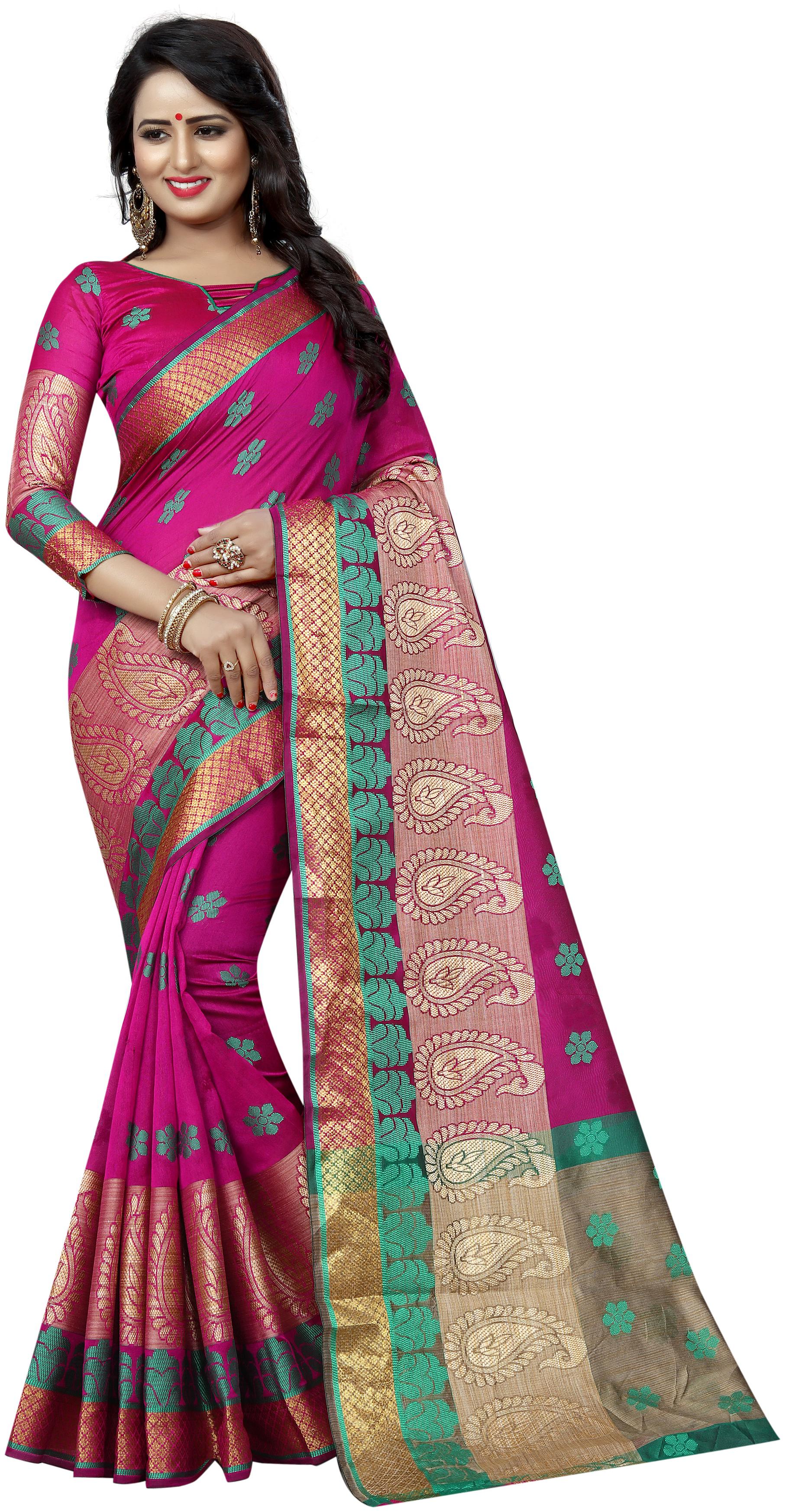 

Satyam Weaves Women Cotton Pink Designer Saree With Blouse