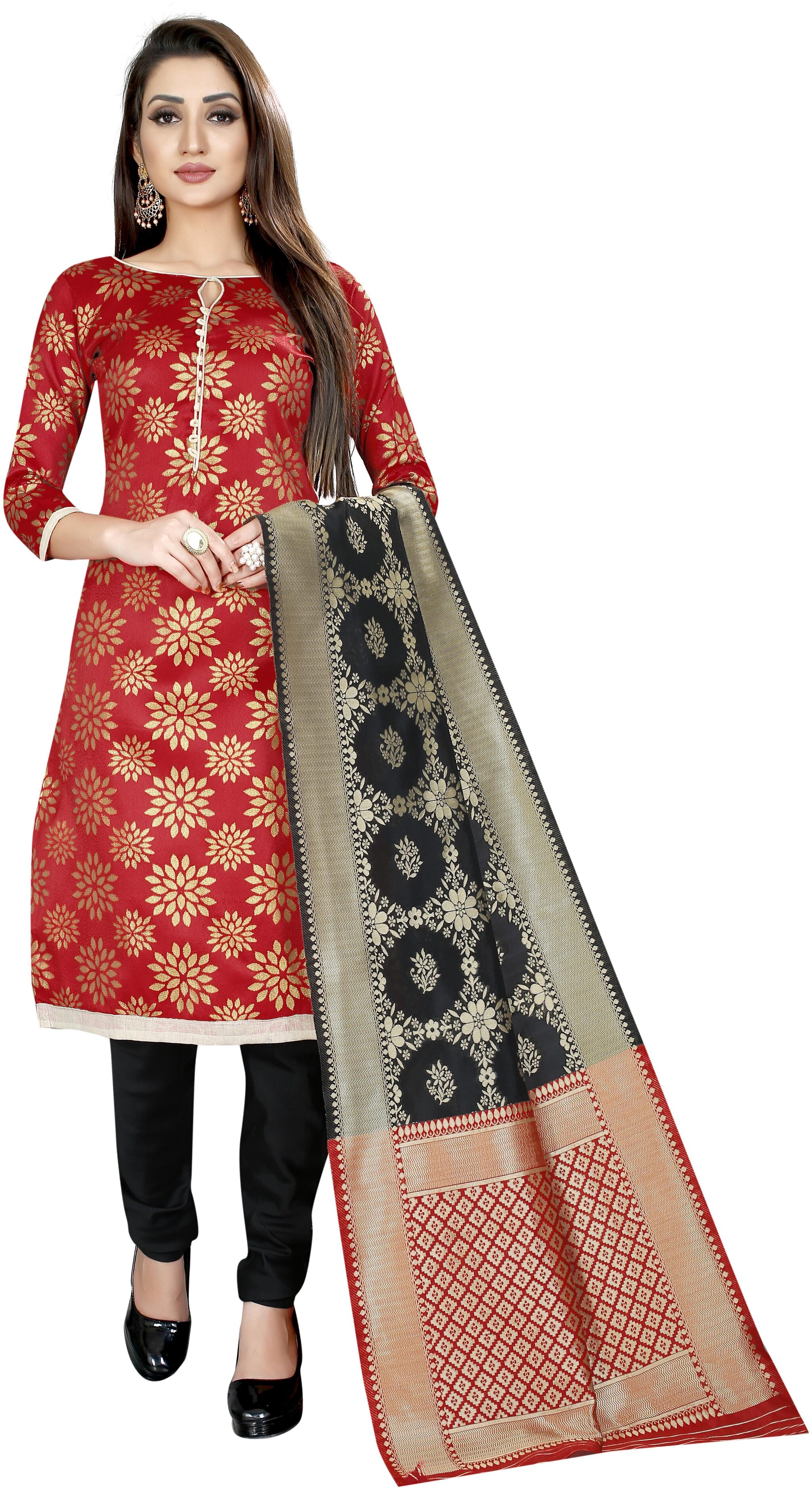 

Satyam Weaves Red Unstitched Kurta with bottom dupatta With dupatta Dress Material