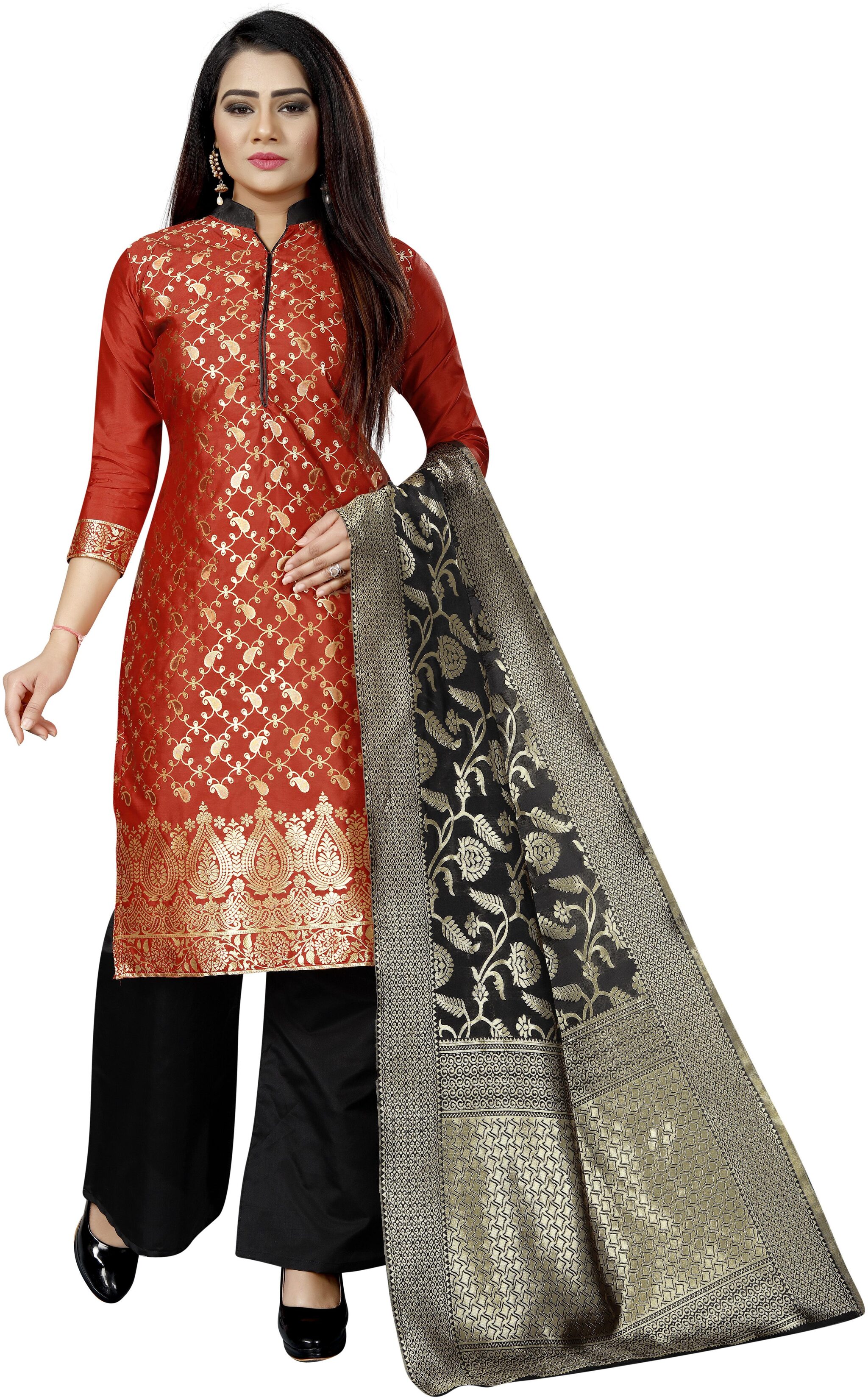 

Satyam Weaves Red Unstitched Kurta with bottom dupatta With dupatta Dress Material