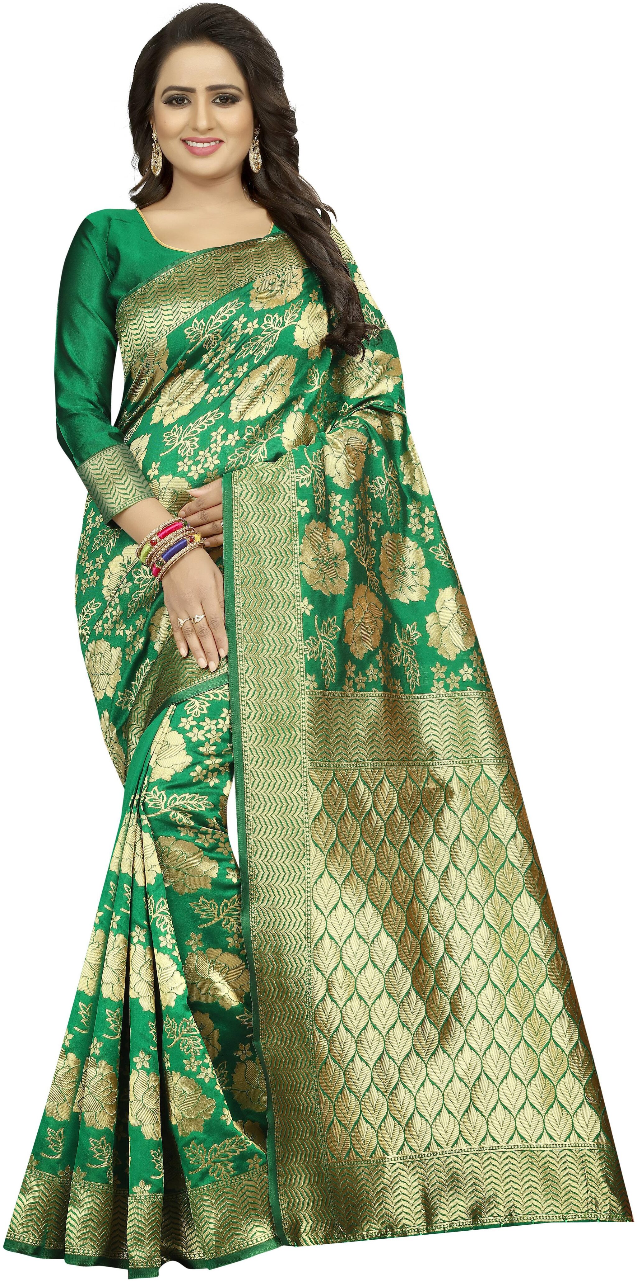 

Satyam Weaves Women Cotton Green Designer Saree With Blouse