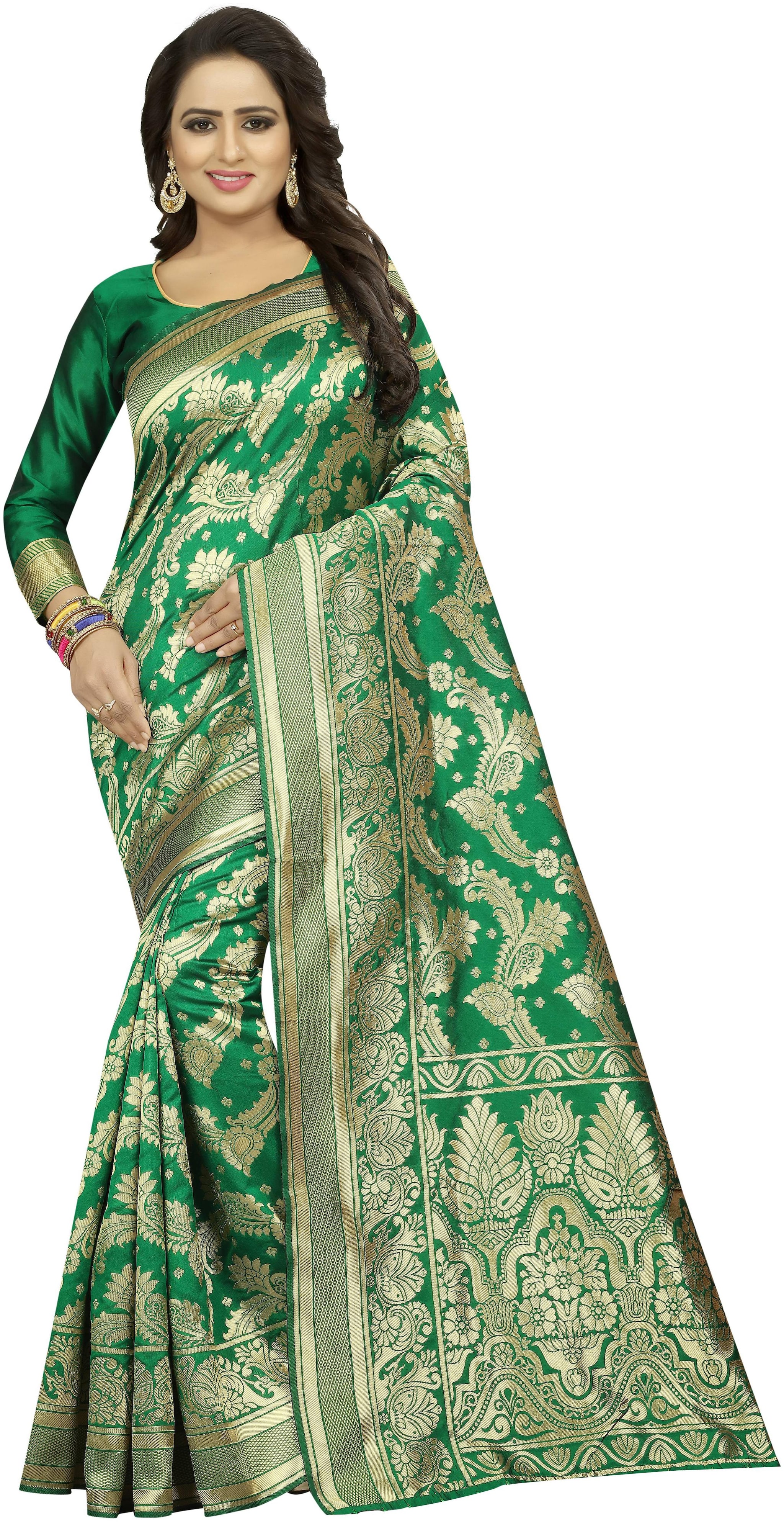 

Satyam Weaves Women Cotton Green Designer Saree With Blouse