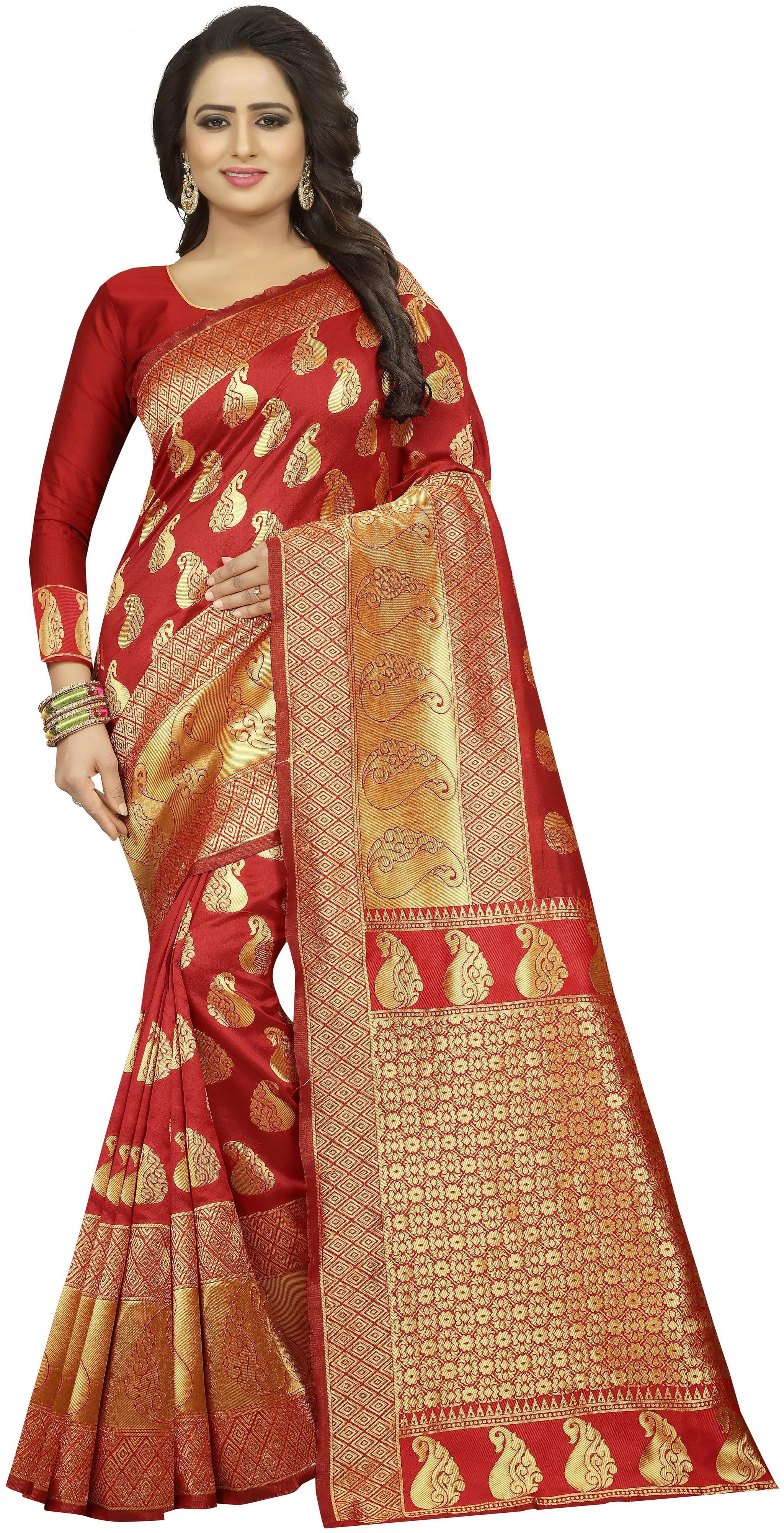 

Satyam Weaves Women Cotton Red Designer Saree With Blouse