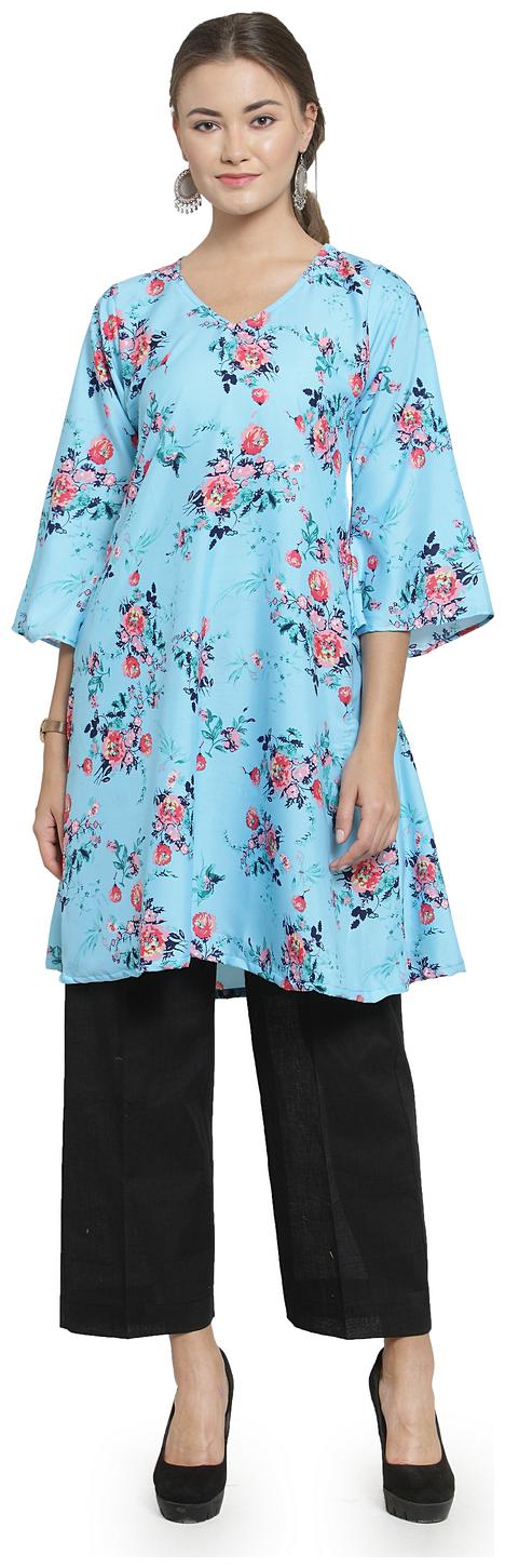 

Sayesha Blue Floral Printed Crepe Kurti And Black Cotton Cullotes