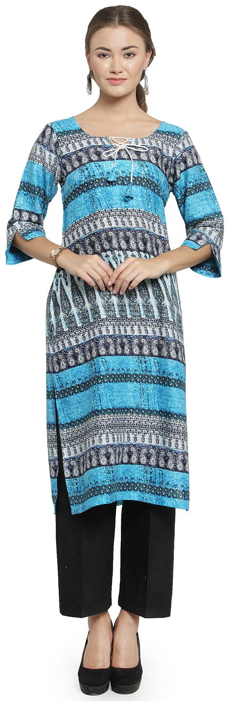 

Sayesha Blue Printed Rayon Kurti And Black Cotton Cullotes