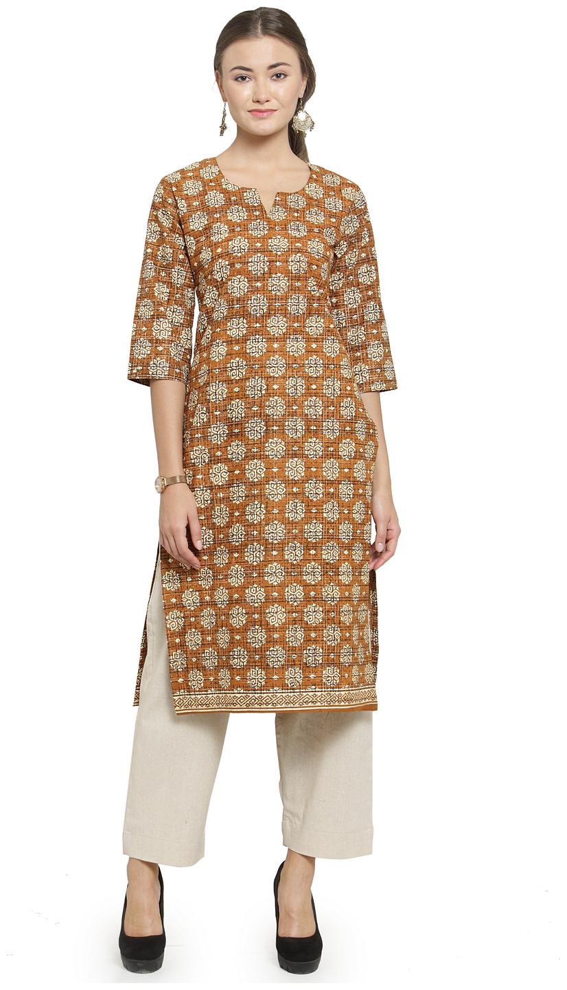 

Sayesha Golden Jaipuri Printed Kurti And offwhite Cotton Cullotes