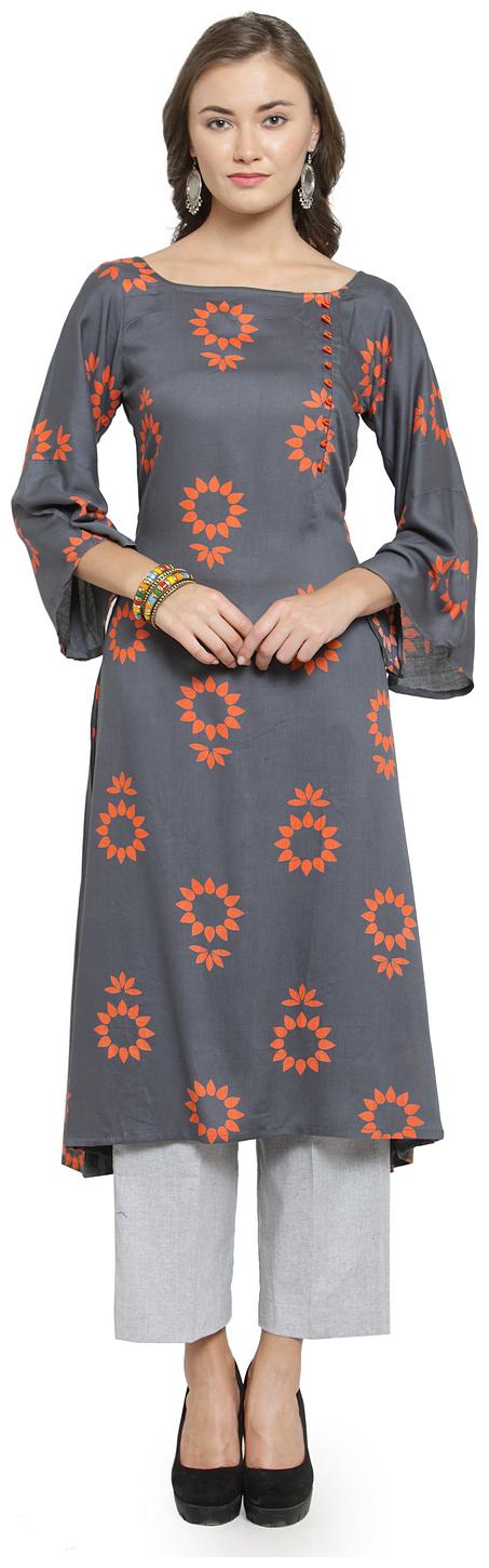 

Sayesha Grey Orange Printed Rayon Kurti And Grey Cotton Cullotes