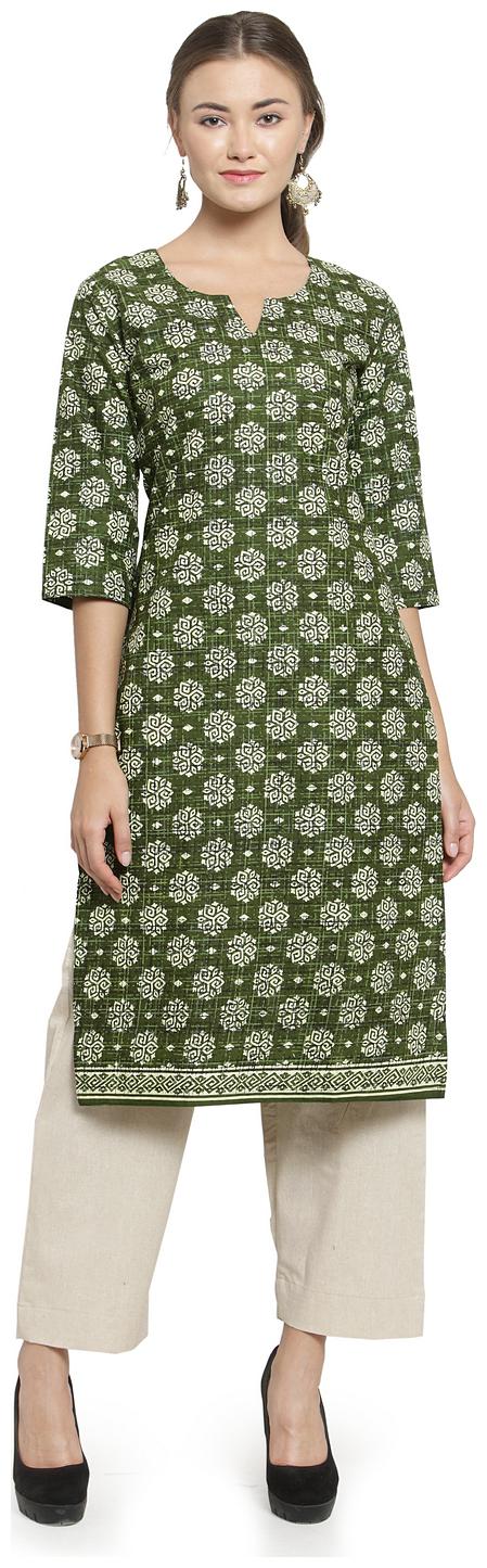 

Sayesha Mehendi Green Jaipuri Printed Kurti And Offwhite Cotton Cullotes