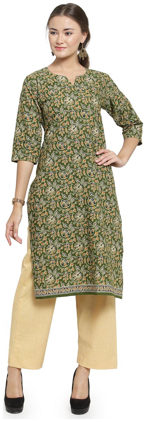 

Sayesha Mehendi Green Jaipuri Printed Kurti And Yellow Cotton Cullotes
