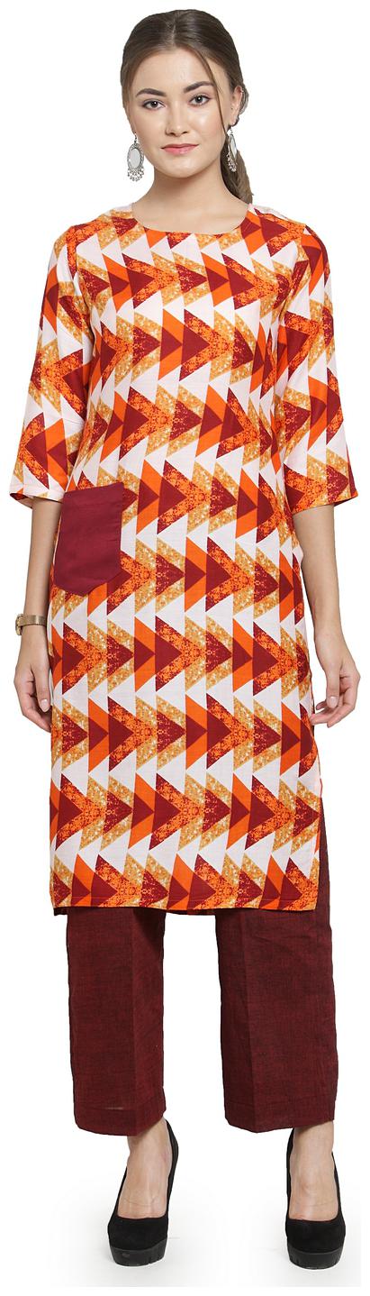 

Sayesha Orange Traingle Printed Rayon Kurti And Maroon Cotton Cullotes