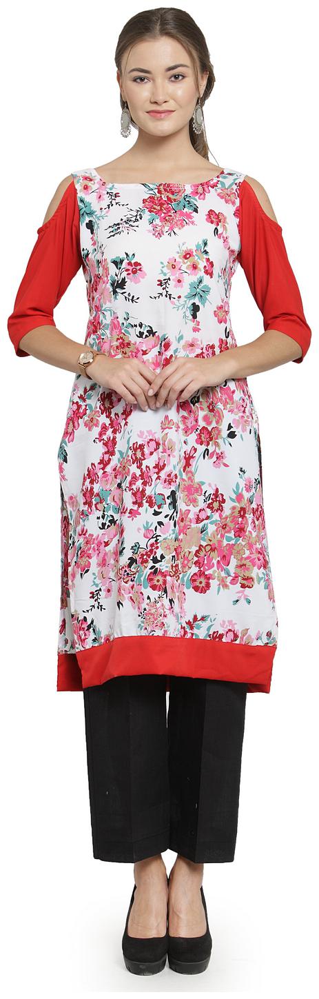 

Sayesha Red White Floral Crepe Kurti And Black Cotton Cullotes