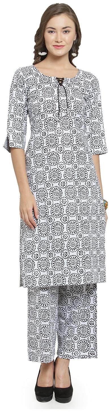 

Sayesha White Black Cotton Printed Jaipuri kurti And Cullotes