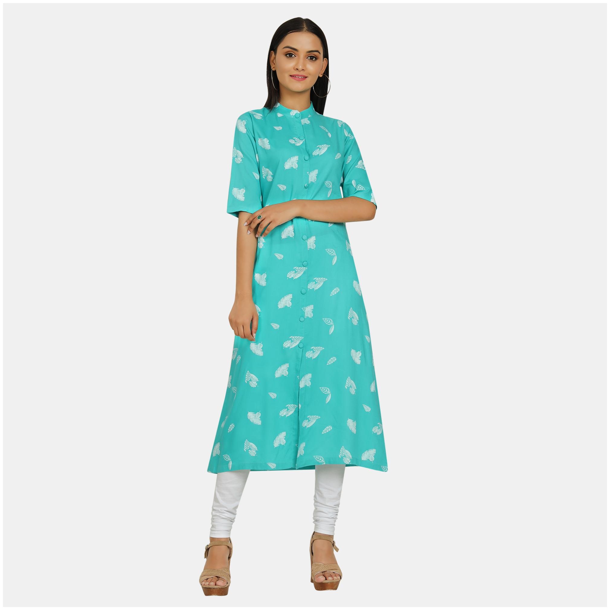 

Sbo Fashion Women Teal White Feather Printed A-Line Kurta