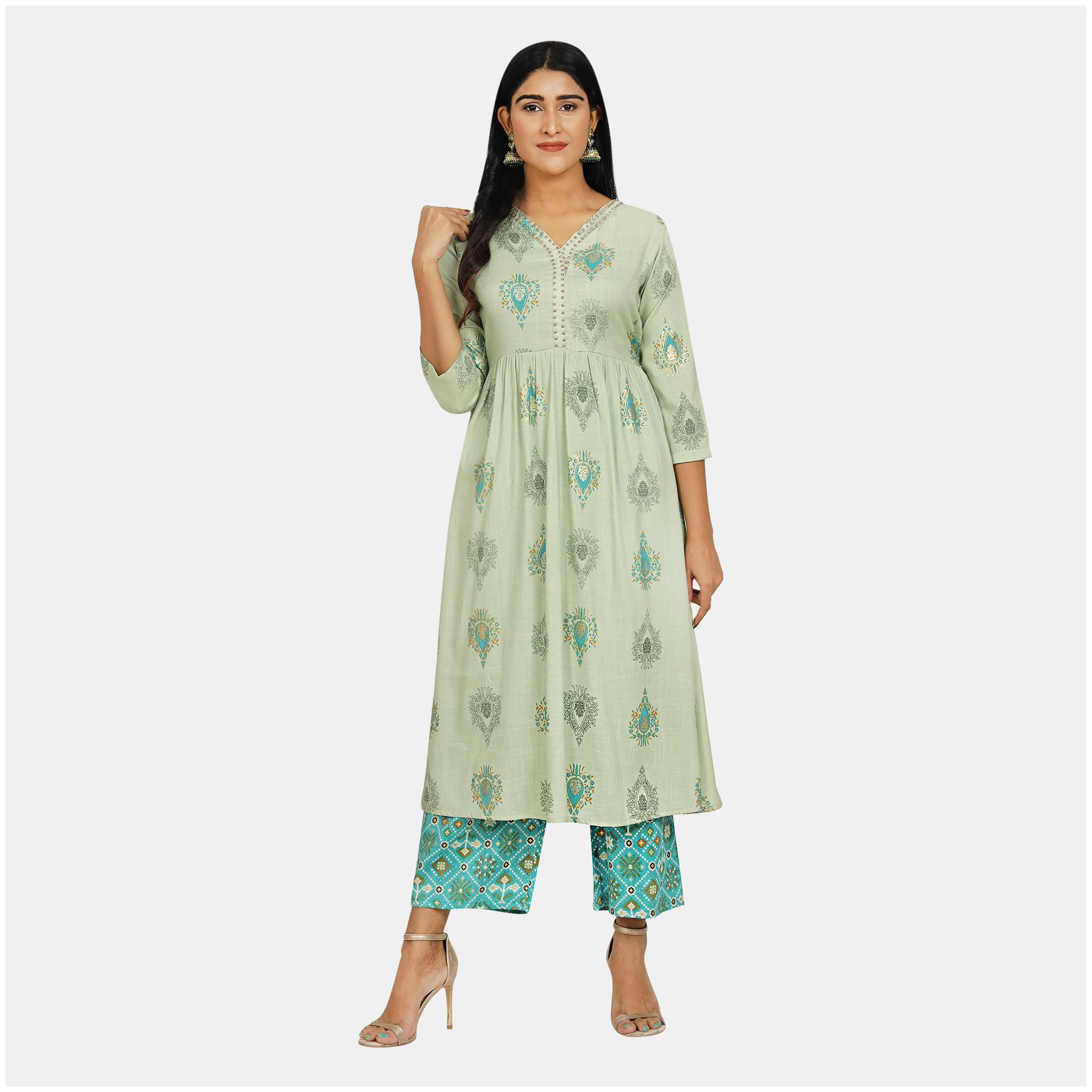 

SBO FASHION Women Green Printed Straight Kurta With Palazzo