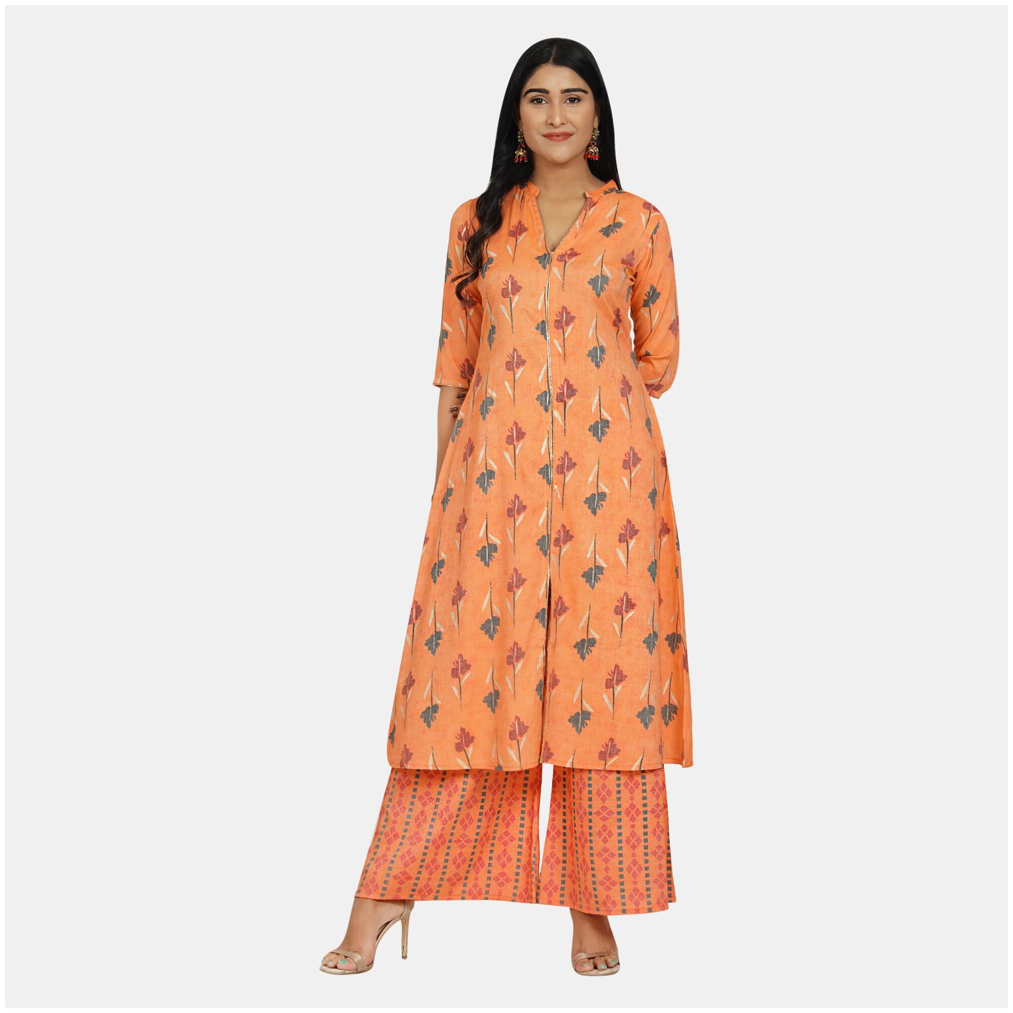 

SBO FASHION Women Orange Printed Straight Kurta With Palazzo