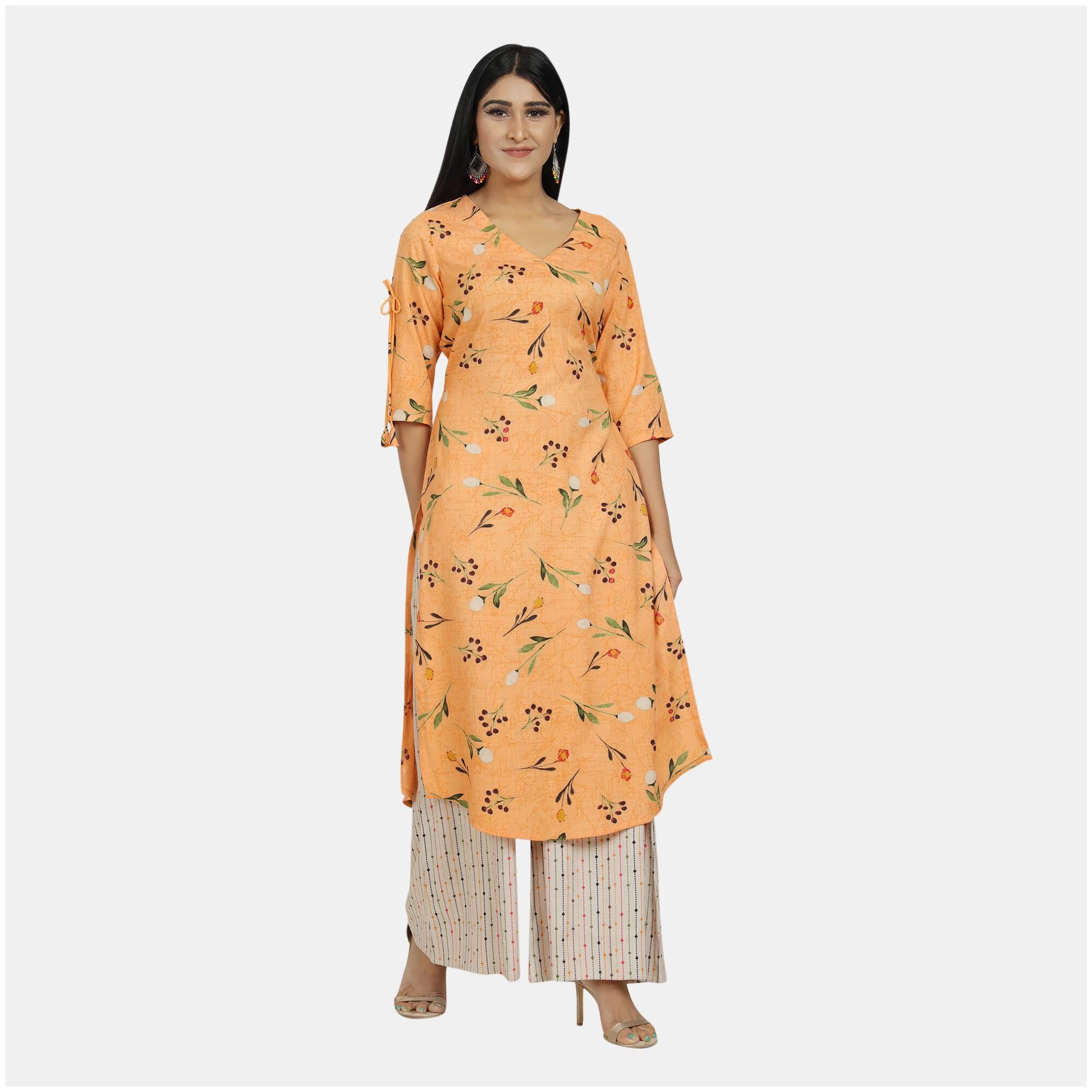 

SBO FASHION Women Orange Printed Straight Kurta With Palazzo
