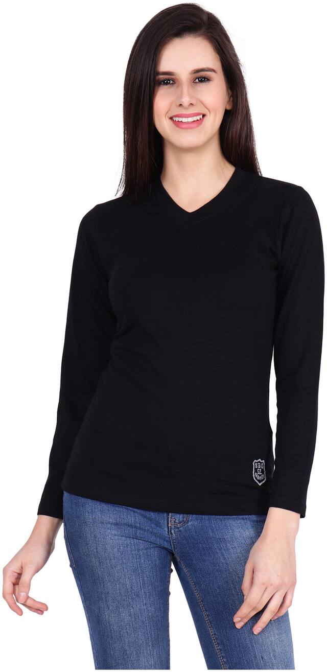 SBO FASHION Women Black Regular fit V neck Cotton T shirt