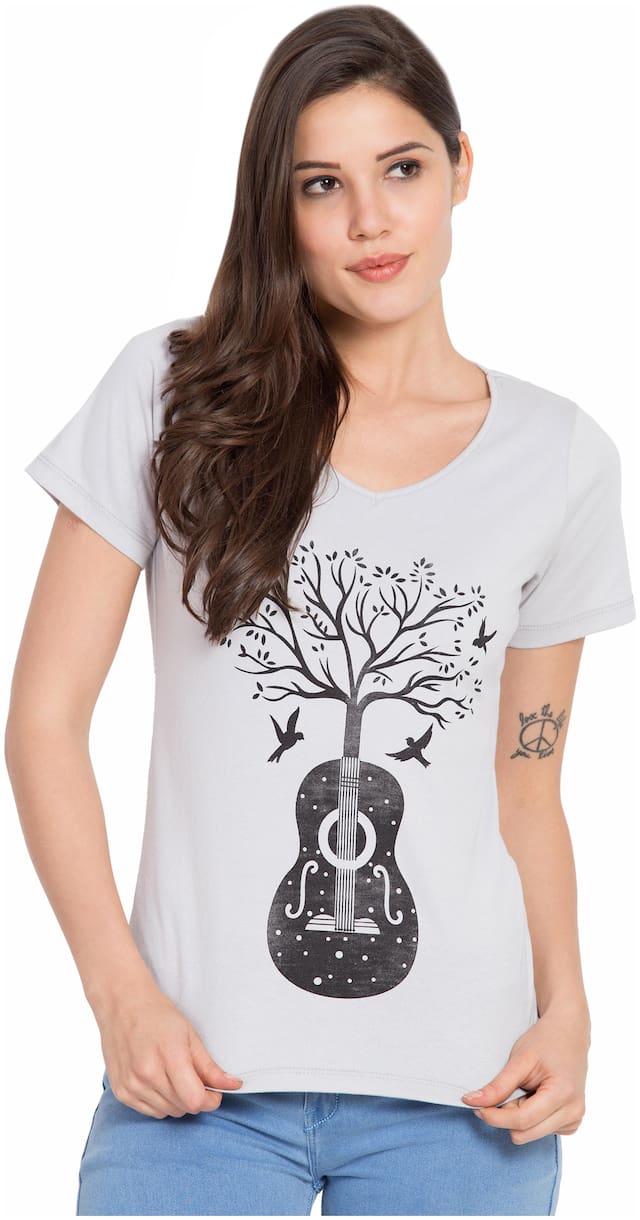 SBO FASHION Women Grey Regular fit V neck Cotton T shirt