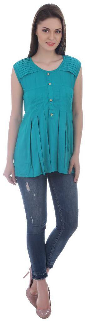 Sea Green Pintucks Cut Sleeve Rayon Short Top