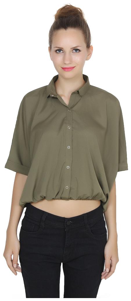 

SECOND HALF Women Green Solid Slim Fit Shirt