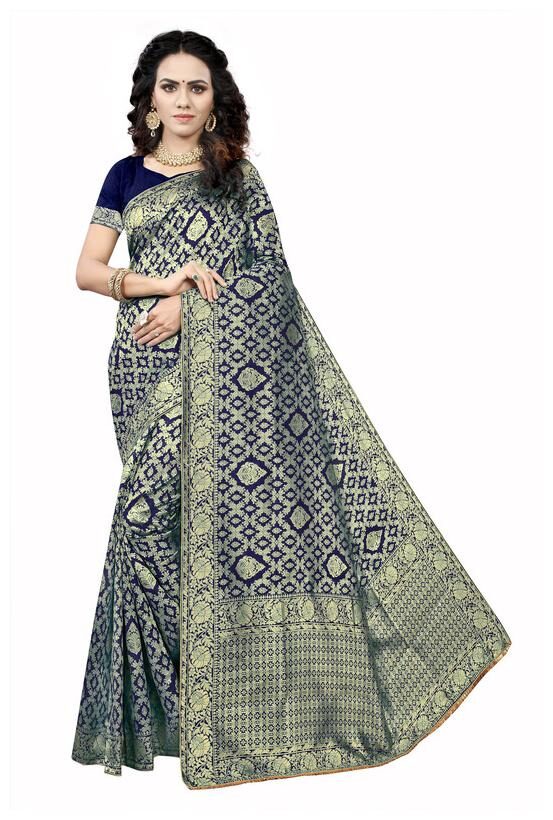 

Seelona Women Jacquard Woven Navy Blue Regular Saree With Blouse