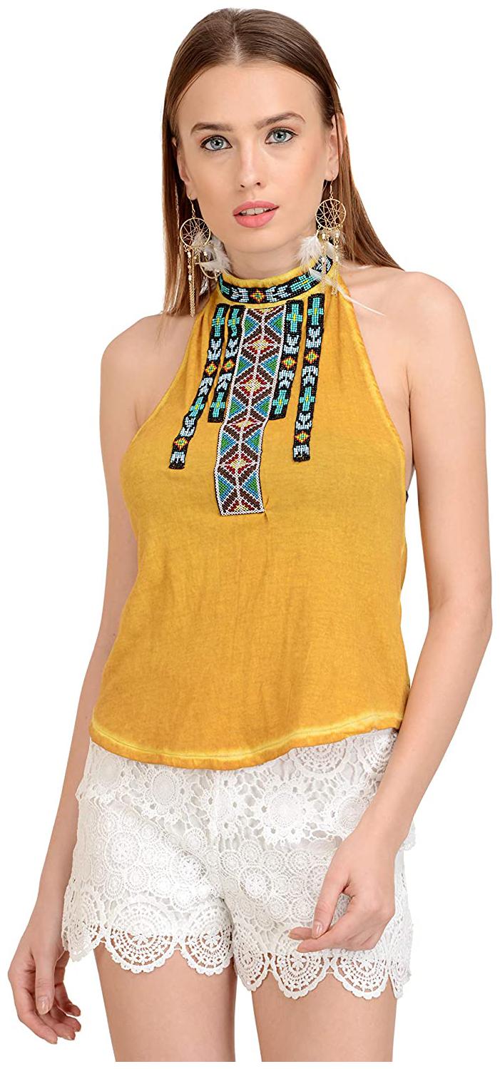 

SELFYS Women Embroidered Regular top - Yellow