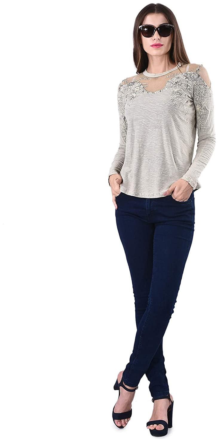 

SELFYS Women Grey Regular fit Round neck Cotton T shirt
