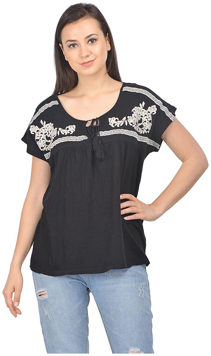 

SELFYS Women Embroidered Regular top - Black