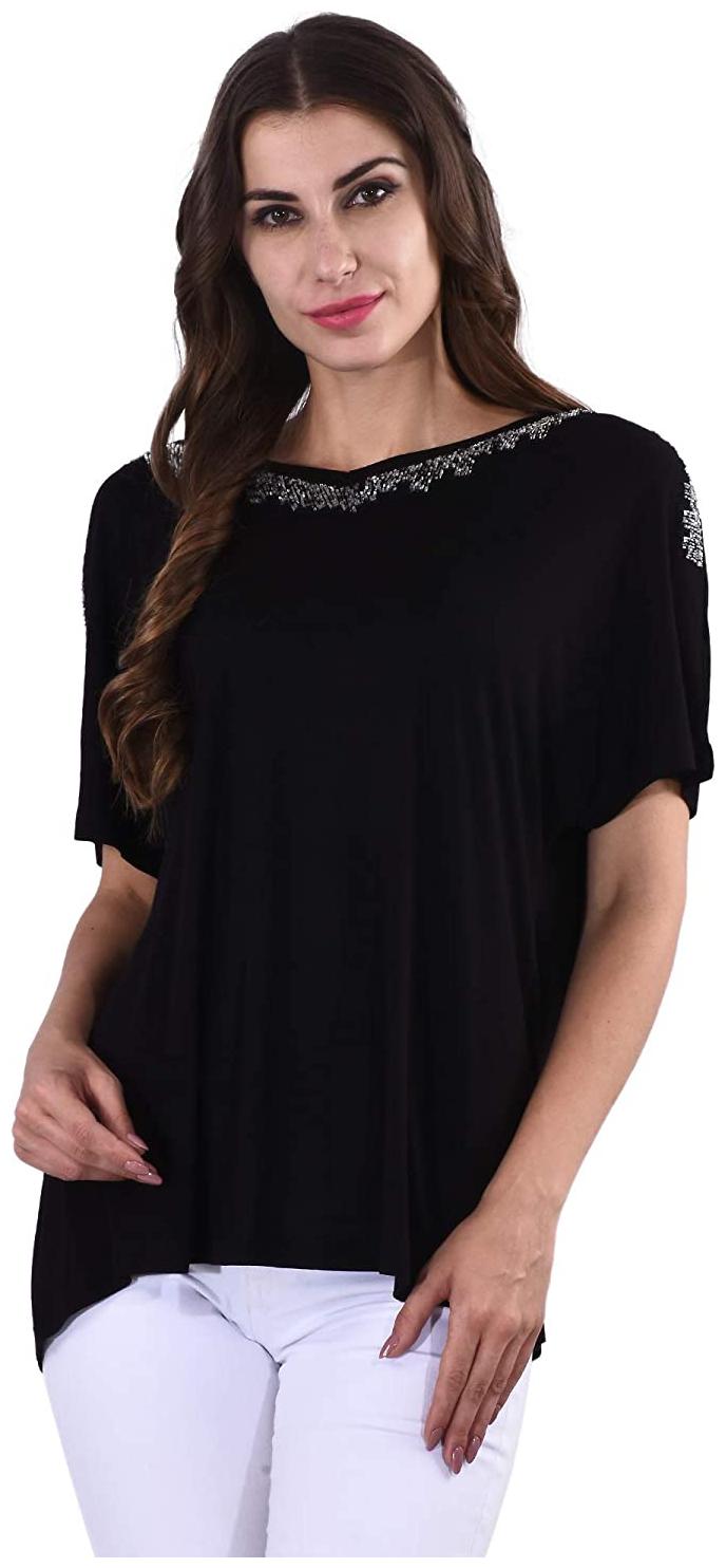 

SELFYS Women Black Regular fit Boat neck Viscose rayon T shirt