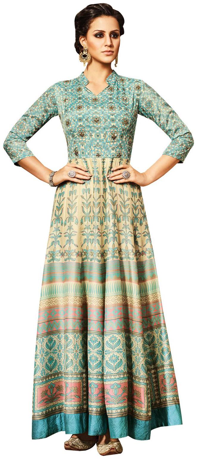 

Semi Stitched Cream Turquoise Chandan silk Long Dress Material VP10006