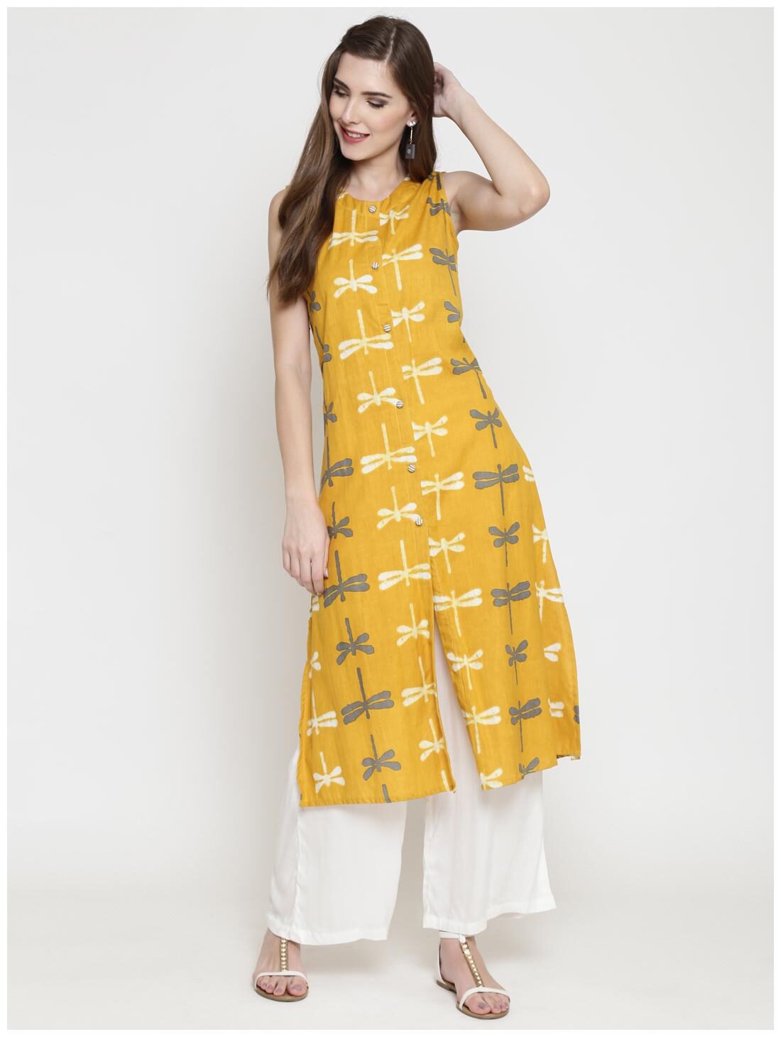 

Sera Women Mustard Printed Anarkali Kurta With Palazzo