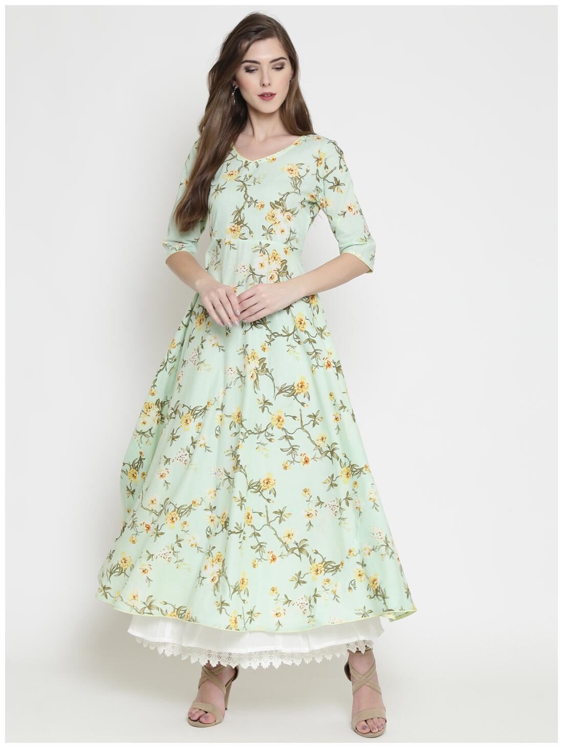 

Sera Women Green Floral Anarkali Kurta With Palazzo