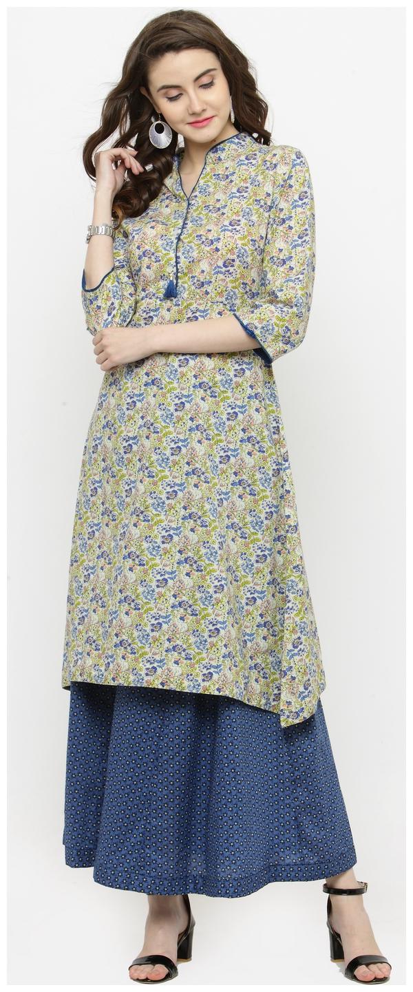 

Sera Women s White printed Kurta With Blue Skirt Set