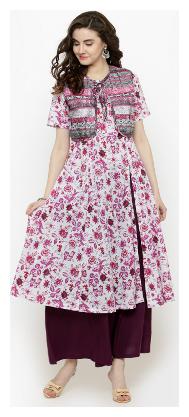 

Sera Women s White printed Long Kurta and waistcoat With Black Palazzo Set