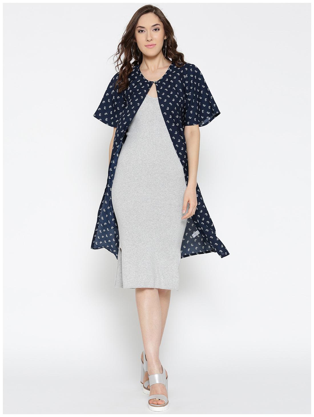 

Sera Women s western wear Longline Navy Blue Printed Shrug